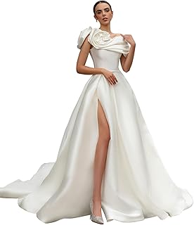 Off The Shoulder Satin Wedding Dresses A-Line Beaded Lace Applique Spark...