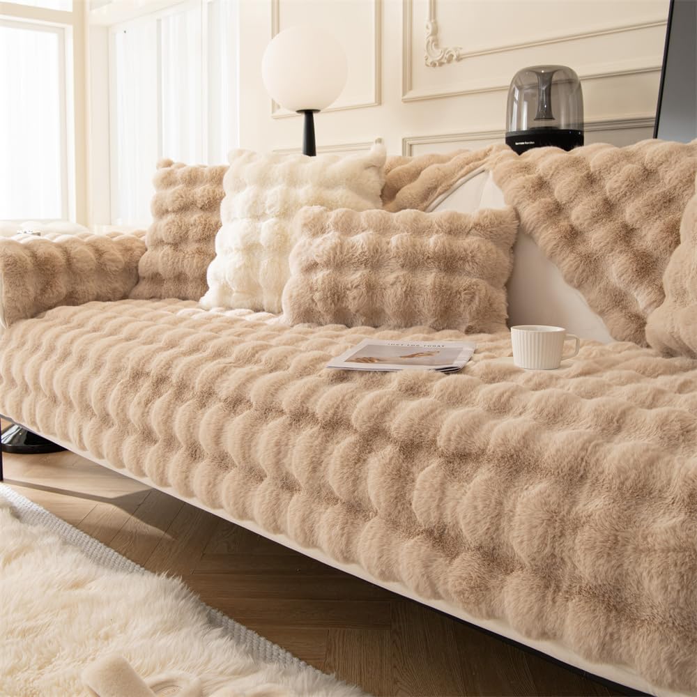 QIAQ Thick Rabbit Plush Sofa Cover 1 2 3 Seater, Winter Thickened Warm Non-Slip Sofa Slipcover for Corner L Shape, Funny Fuzzy Velvet Sofa Cushion Covers (90x120 cm,Light brown)