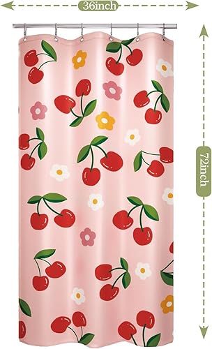 Miniatura 2 de Anybar Cortina de ducha de tela con diseño floral de cerezas, impermeable, de poliéster suave, decoración lavable, cortina de ducha pequeña para