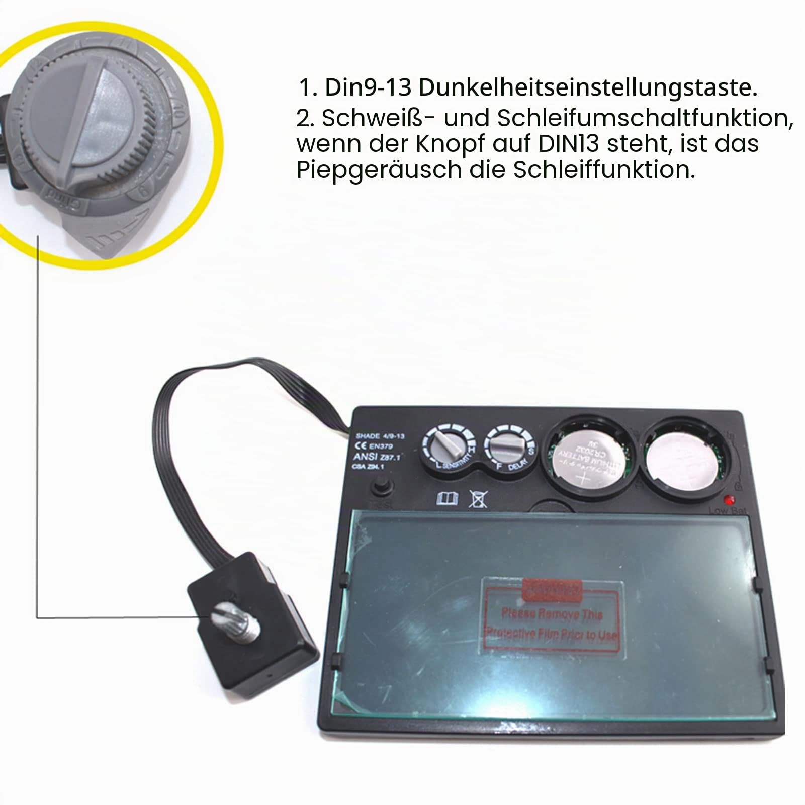 Automatisch verdunkelnde Schweißlinse, Schweißhelm-Ersatzlinse mit einstellbarer Empfindlichkeit, 100 x 50 mm große Schweißlinse, Schweißhaubenlinse mit 2 Lichtbogensensoren
