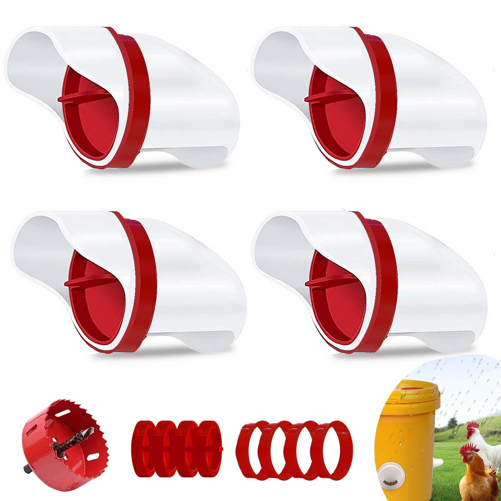 Photo 1 of AMOTARY DIY Chicken Feeder No Waste, Automatic Poultry Feeder with 4 Stopper Chicken Feeder Kits, 4 Ports-1Hole Saw Reusable for Buckets, Barrels, Bins Red
