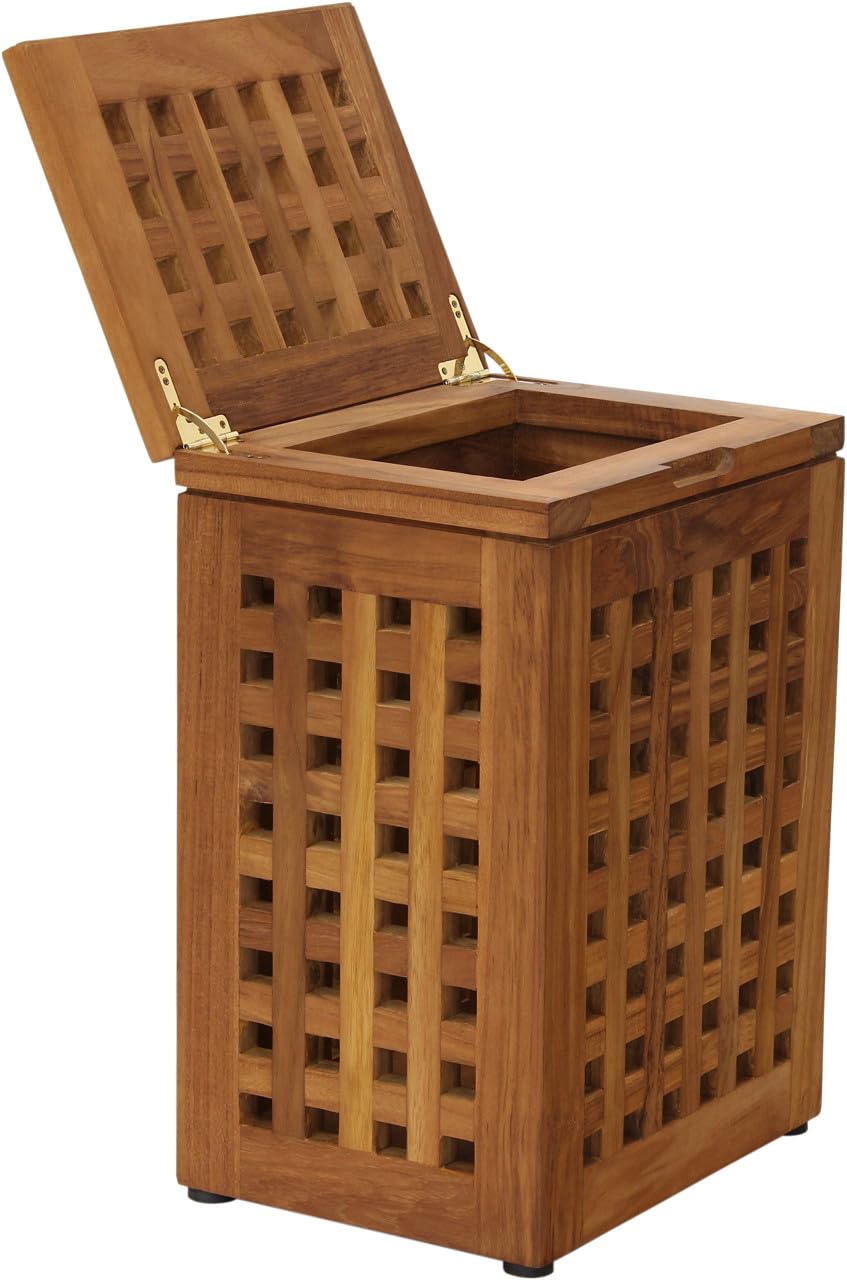 AquaTeak Grate Teak Waste Basket with Lid