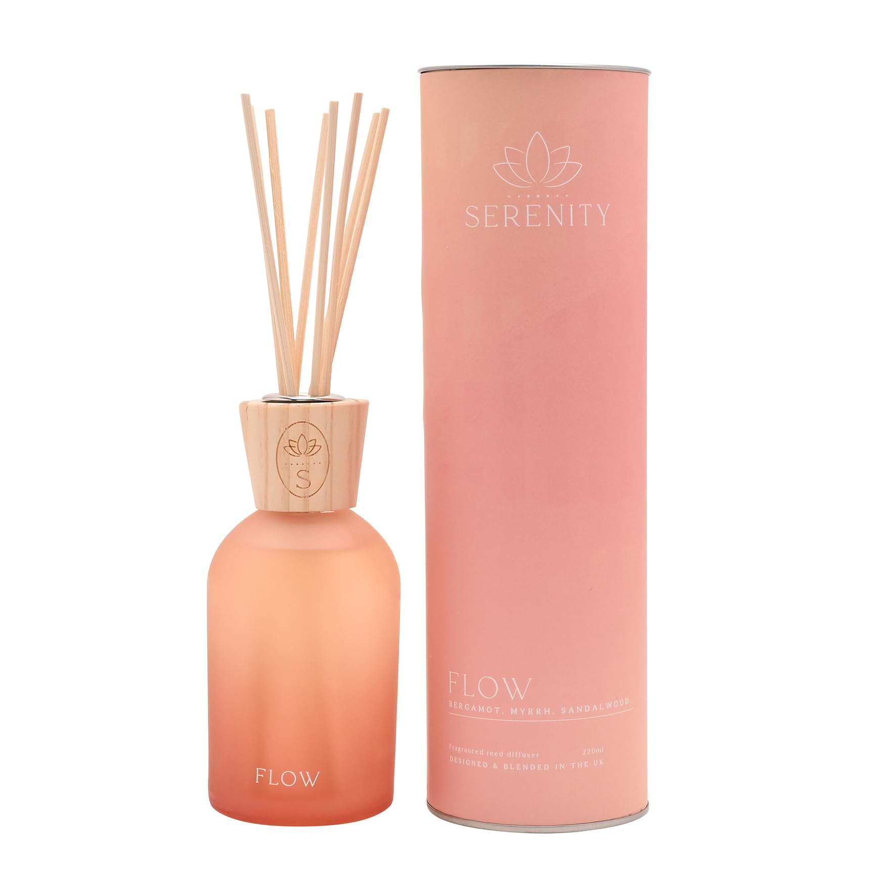 Serenity - Flow Oil Diffuser 220ml / 7.5oz - Bergamot, Myrrh & Sandalwood Scented - Relaxing Elegant Home Scent for Home & Office Ambiance - H: 14cm x W: 6cm.
