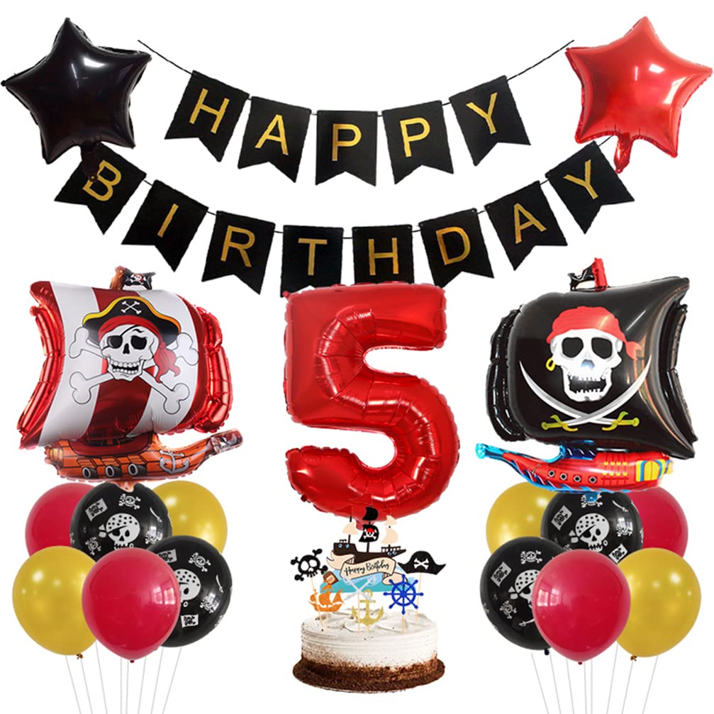 Houhounb Pirate 5th Birthday Decoration Pirate Decoration 5 Years Children's Birthday Party Decoration Children Pirate Balloon Cake Decoration for Theme Pirate Children's Birthday Halloween Party