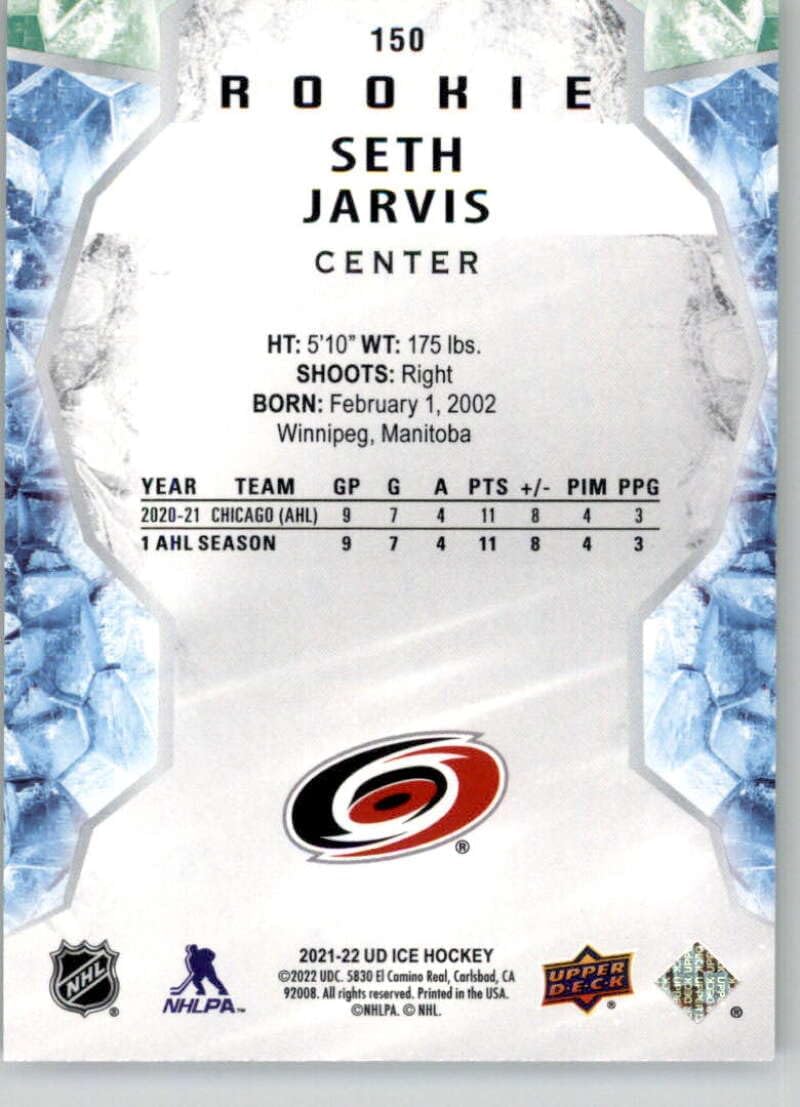 2021-22 Upper Deck Ice Green #150 Seth Jarvis RC Rookie Card Carolina Hurricanes Official NHL Hockey Card in Raw (NM or Better) Condition