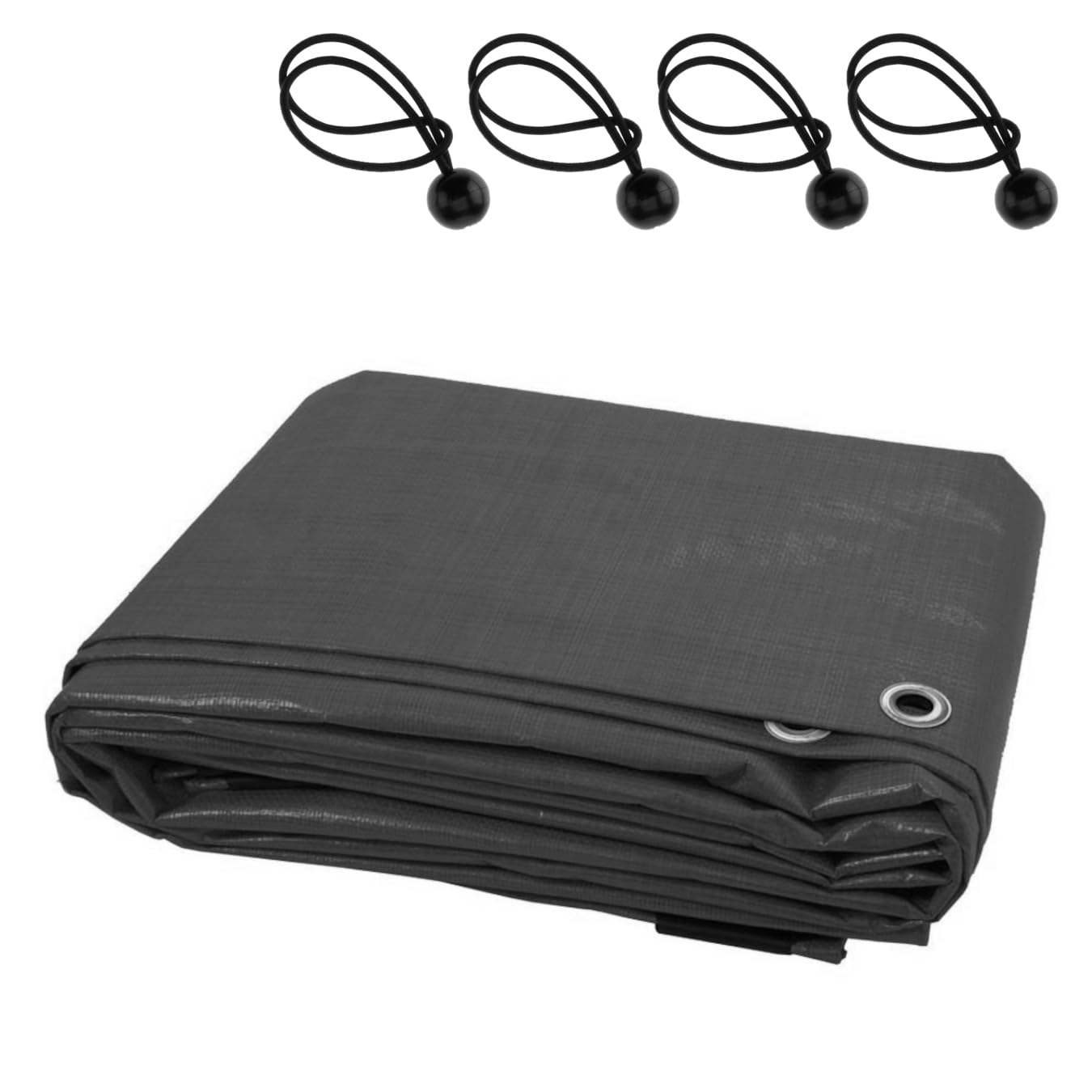 Heavy-Duty Waterproof Tarpaulin 200 GSM - 4 x 6 m Graphite Grey Tarp Cover with 4 Ball Bungees - Reinforced Eyelets Every 1 m - UV Resistant, Mould-Proof, Tear-Resistant - Multi-Purpose Outdoor Use