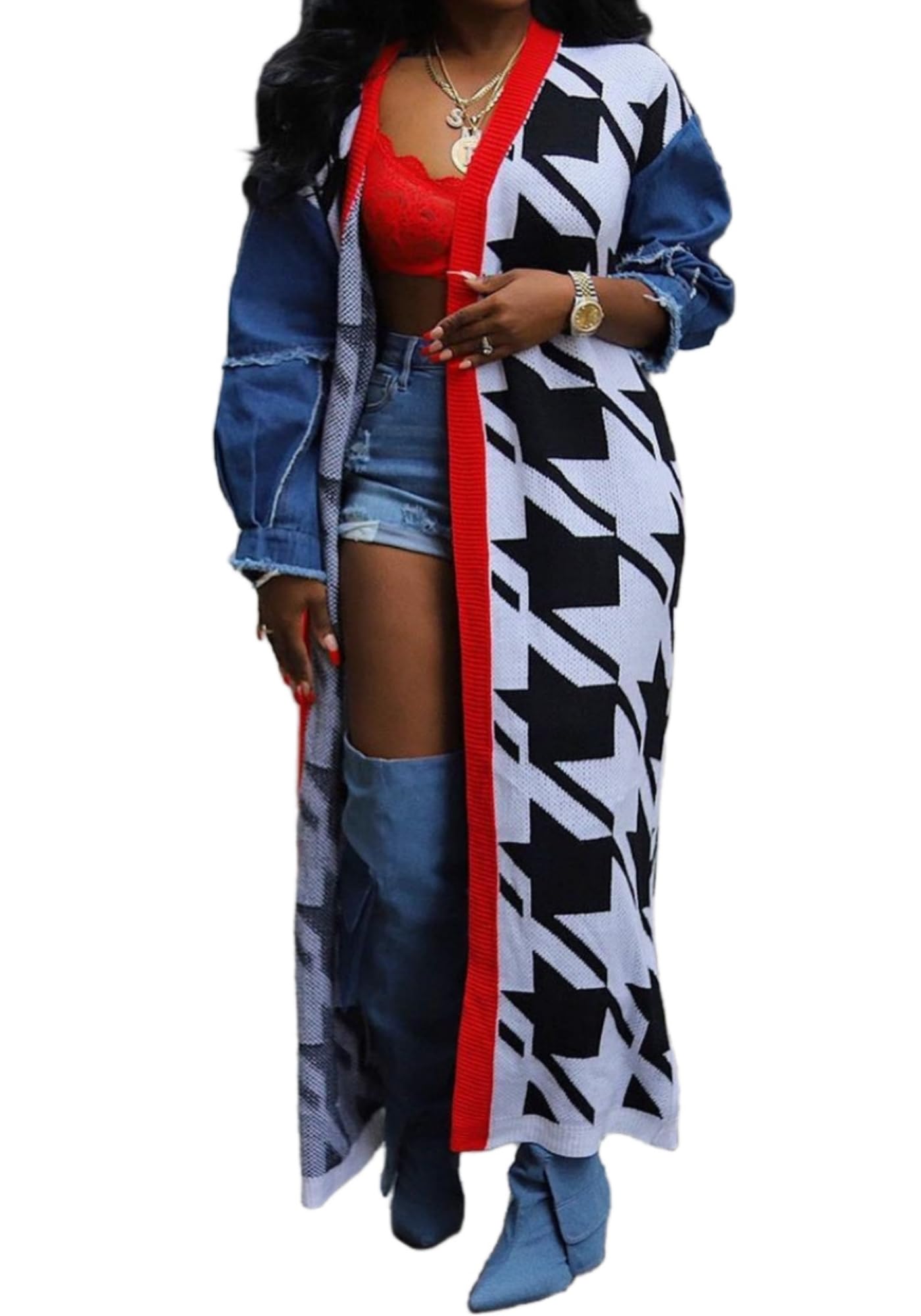 Vaceky Denim Sleeve Cardigan Sweaters Women Color Block Open Front Lightweight Long Cardigans