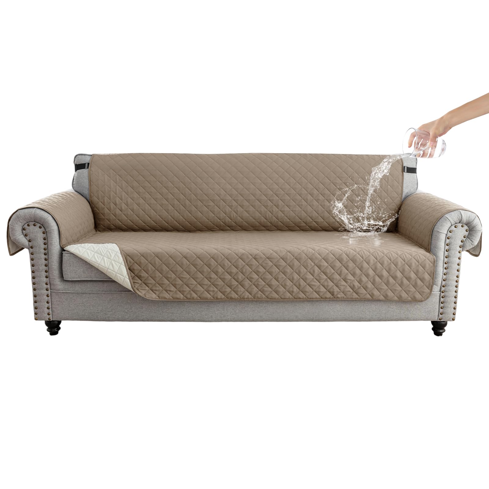 Zlune 4-Seater Reversible Sofa Cover, Water-Resistant, Khaki/Beige