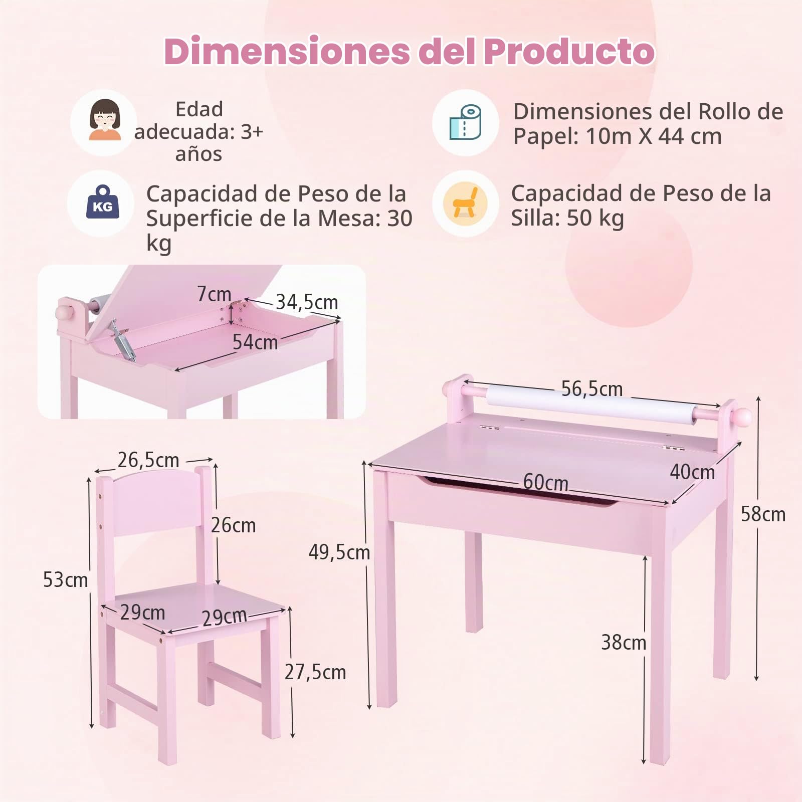 RELAX4LIFE Mesa y Silla de Arte para Niños 3+ Años con Tablero Plegable, Escritorio y Silla de Madera para Niños 60 x 40 x 58 cm con Rollo de Papel y Rotulador (Rosa)