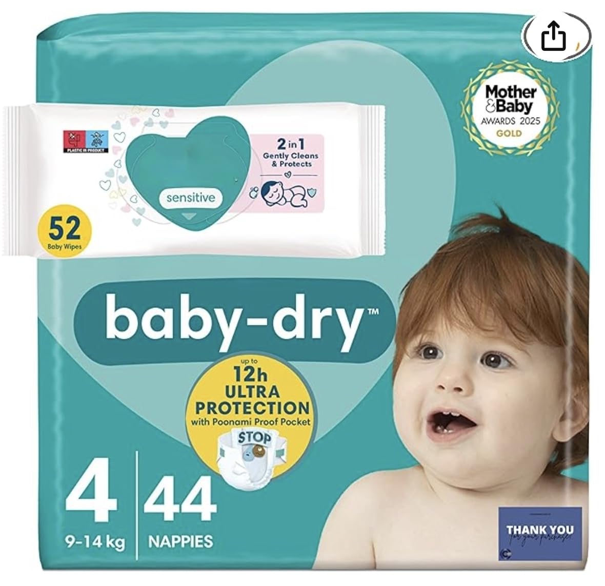 Nappy and Wipe Bundle for Dryness & Gentle Skincare - Baby Nappies Size 4 Essential Pack (9–14kg) x44 with Sensitive Baby Wipes x52