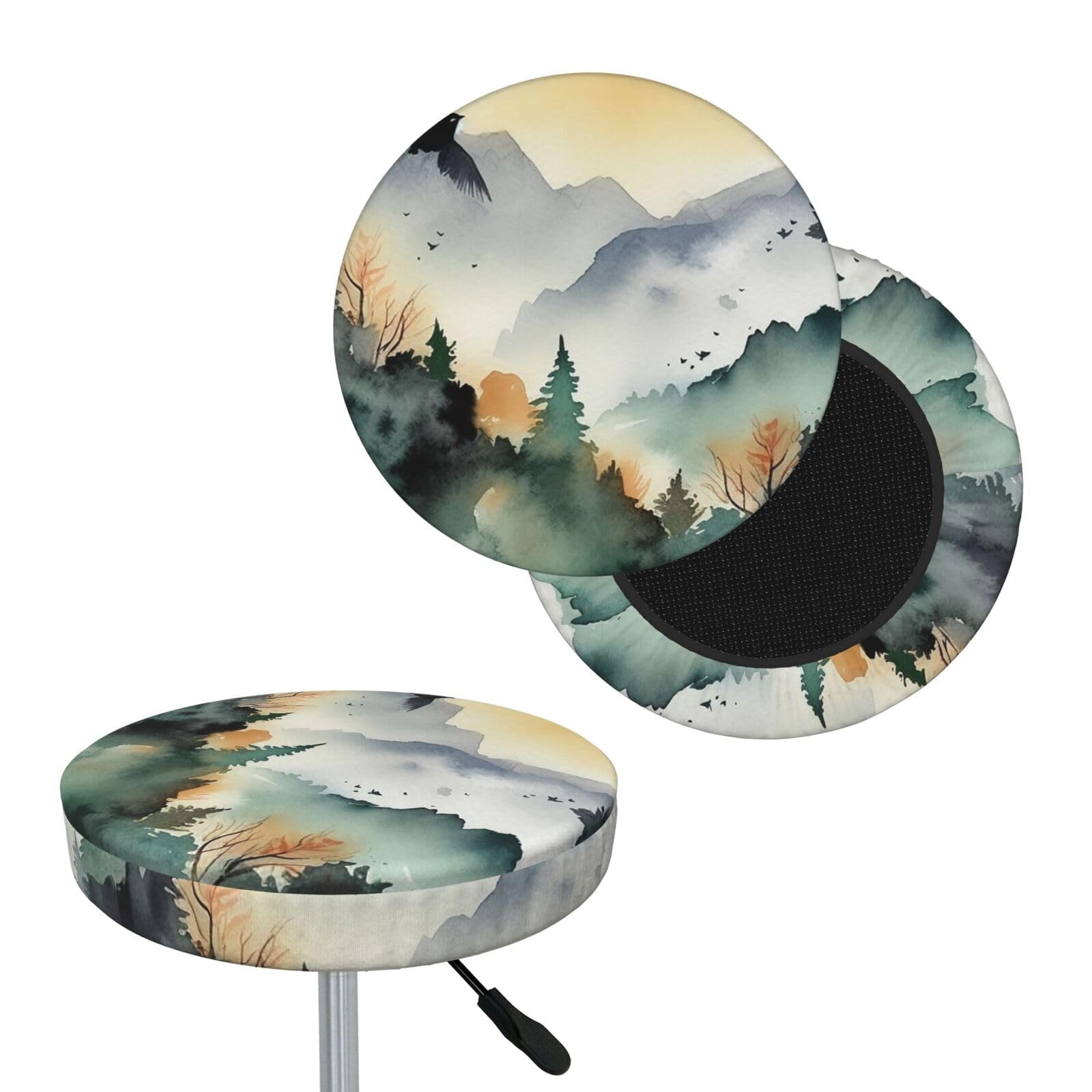 NONHAI Mountain Birds Watercolor Bar Stool Cover Round Elastic Stool Cushion Covers Dustproof Bar Chair Cover Washable Stool Cushion Slipcover Stretch Stool Seat Covers for 12-14 Inch Chair