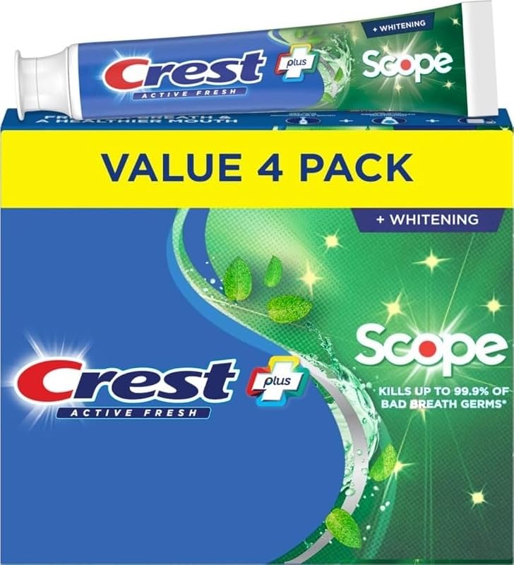 Scope, Active Fresh, Teeth Whitening Toothpaste for adults, 5.5oz 4 pack, Bad Breath Treatment, Breath Freshner, for Sensitive Teeth, Deep Stain remover, Travel Size Toiletries