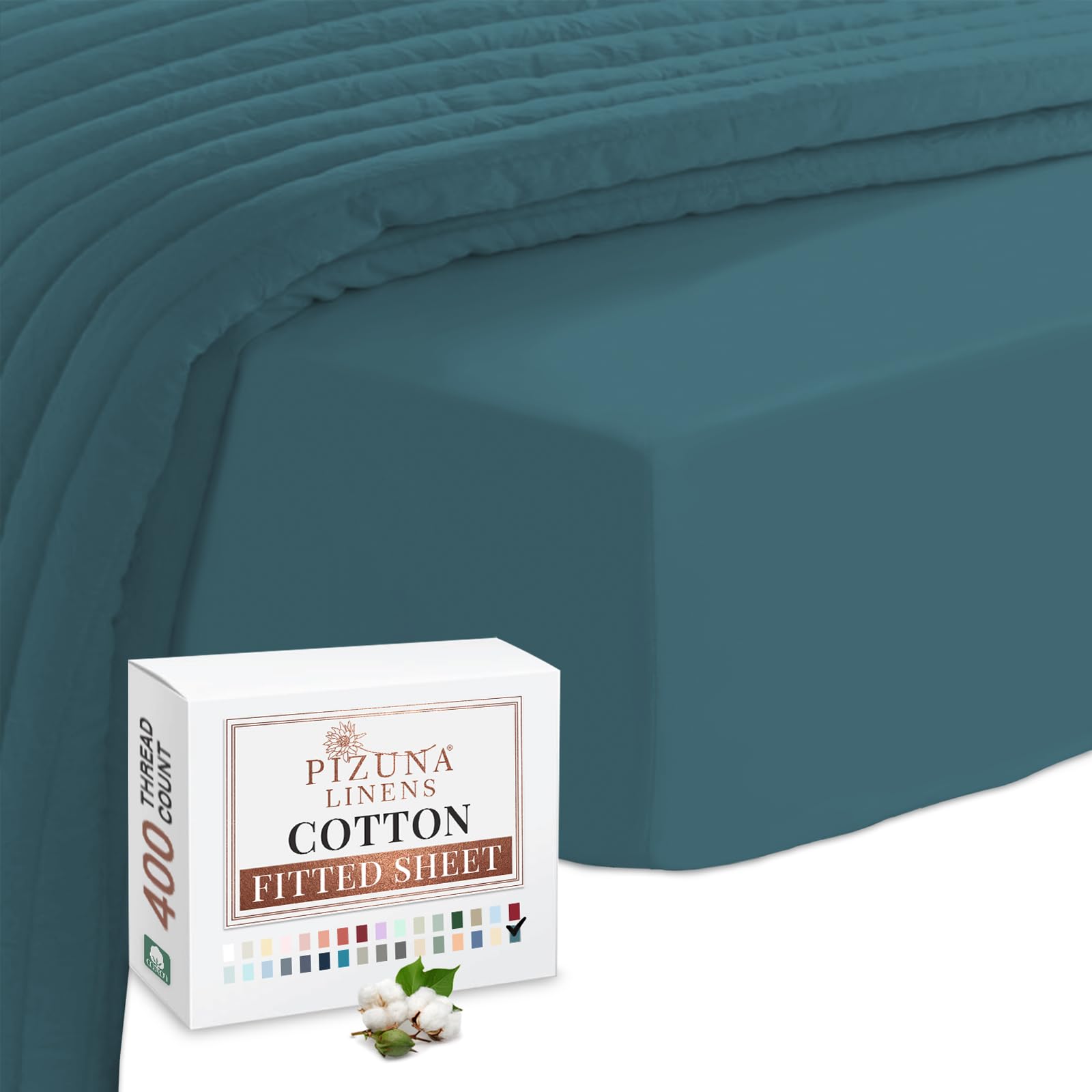 Pizuna Peacock Blue 100% Cotton Double Fitted Sheet 400 Thread Count Long Staple Cotton Fitted Bed Sheets Double 140X200 Cm, Sateen Weave 40 Cm Deep Fitted Sheets For Double Bed 1 Pc