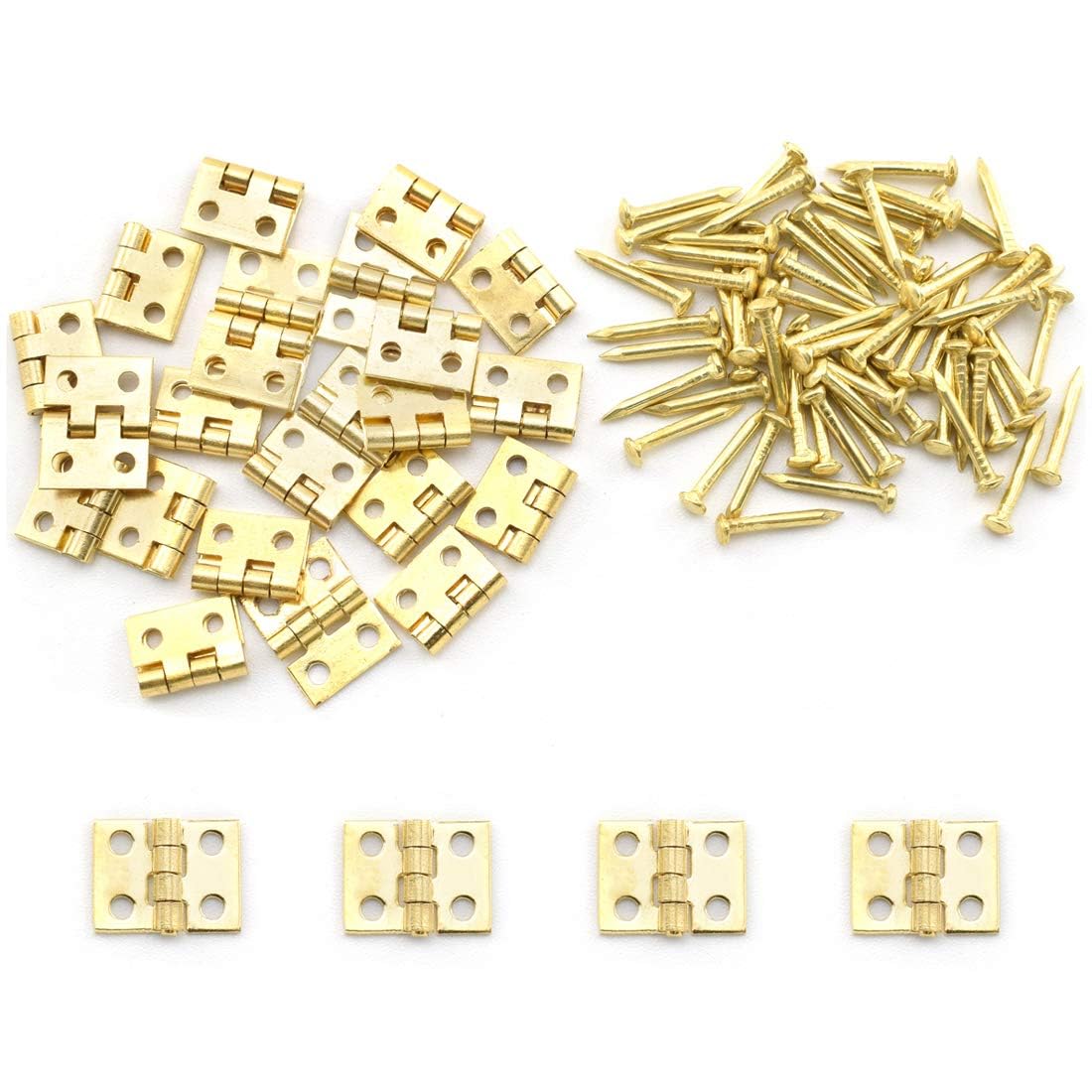 SDTC Tech 24-Pack Mini Brass Hinges 10x8mm 180 Degree Rotation Miniature Furniture Hardware with Mounting Nails for Jewelry Box Dollhouse Cabinet Door Closet DIY Accessories - Golden