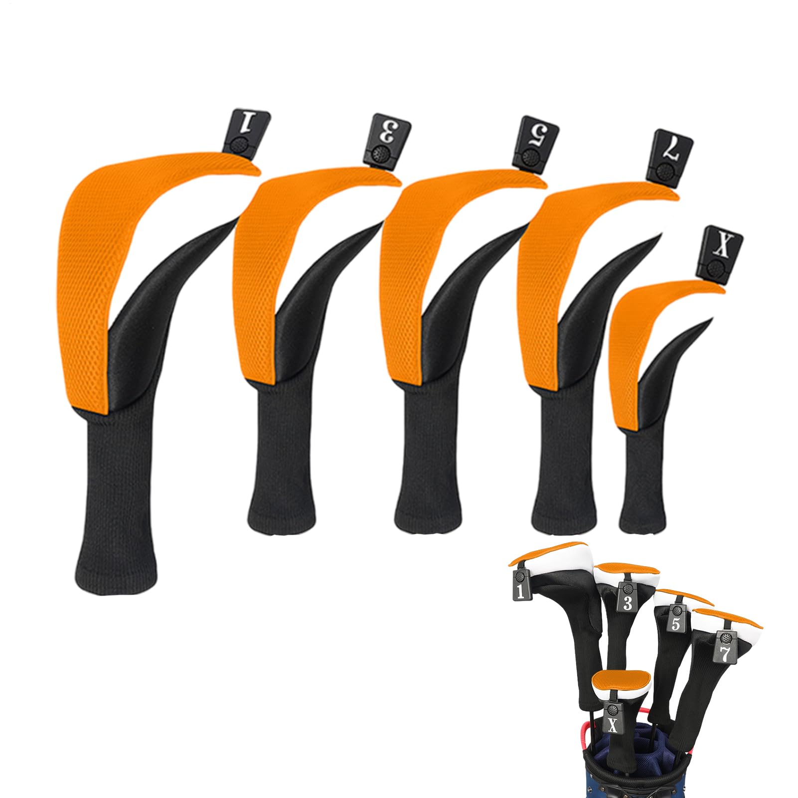 Lot de 5 housses de tête de club de golf - Driver en bois, couvre-chef de club de golf à col long | Housse de protection anti-poussière pour golf, hybride en bois antidérapant pour clubs hommes femmes