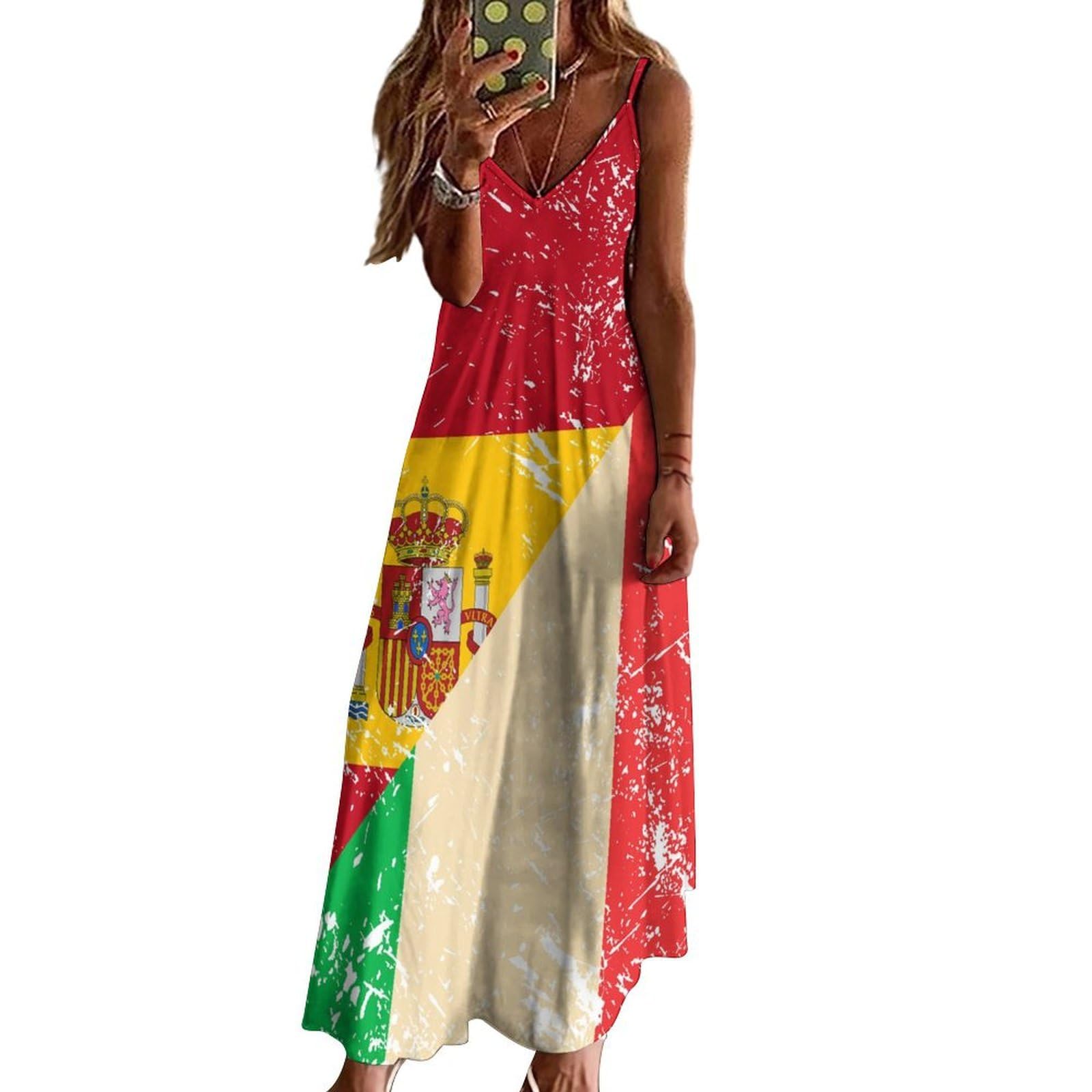 Vestido casual con la bandera vintage de Italia y España para mujer, vestido largo de espagueti ajustable, largo hasta el tobillo con volantes, vestido de verano fluido