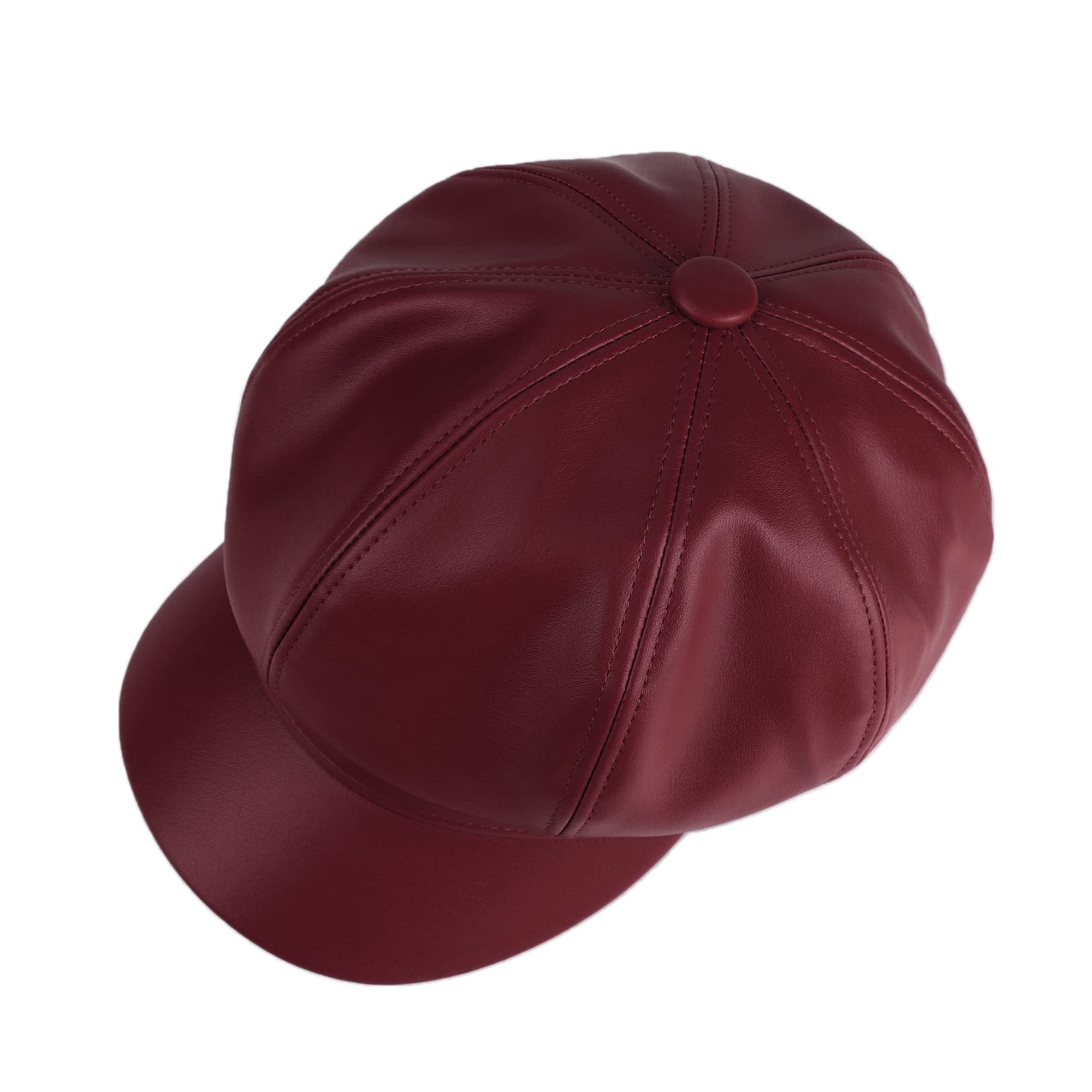 Voilipex Womens PU Leather Newsboy Cap 8 Panel Paperboy Newsie Cap Bakerboy Cap Beret Cabbie Cap Hat, Wine Red