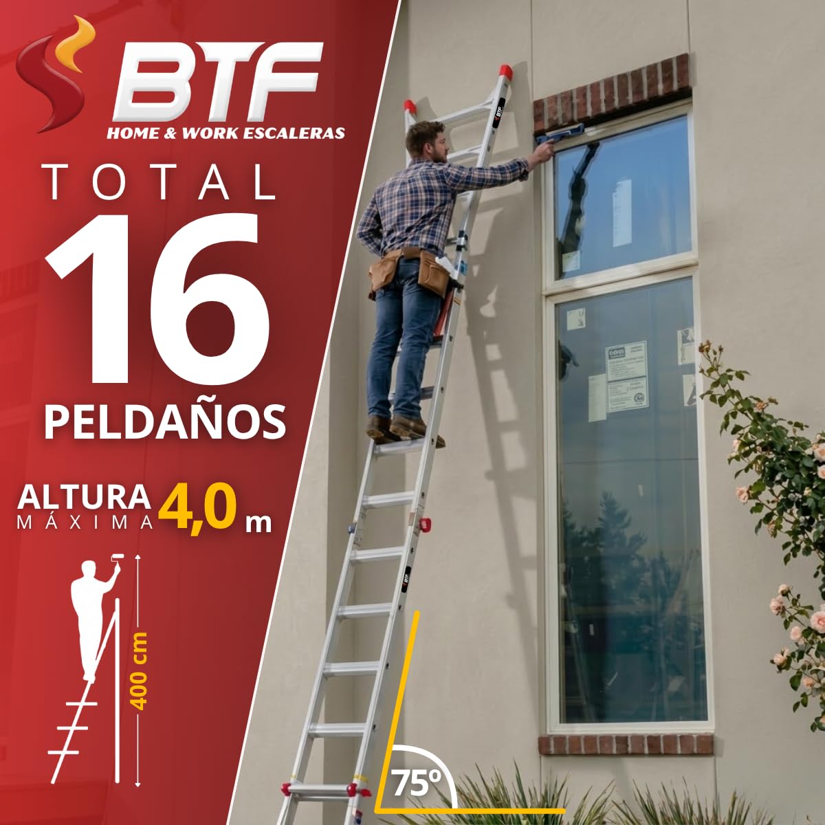 Escalera Telescópica Plegable de Aluminio | Multifuncional en Tijera y Apoyo | Certificación EN131, Carga 150 kg. Ligera, Segura y Portátil para Uso Profesional (4x4PRO)