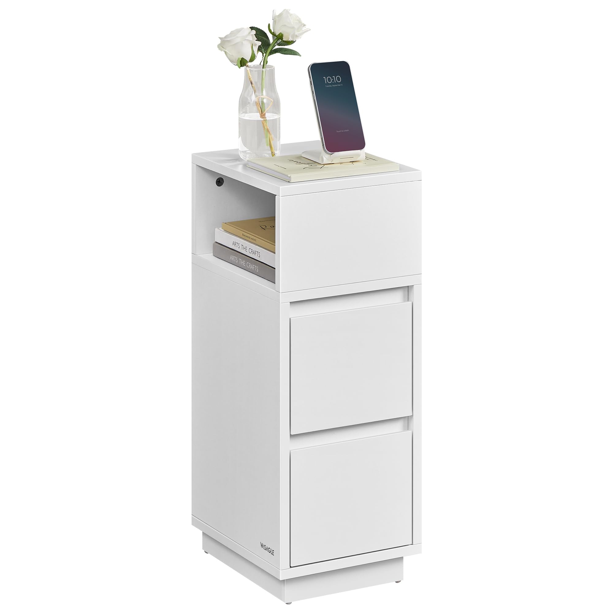 VASAGLE Slim Bedside Table, Small Narrow Side End Table with 2 Drawers, 1 Open Compartment Mounted to Face Left or Right, for Bedroom, Living Room, White KAILYN Collection LET656W01