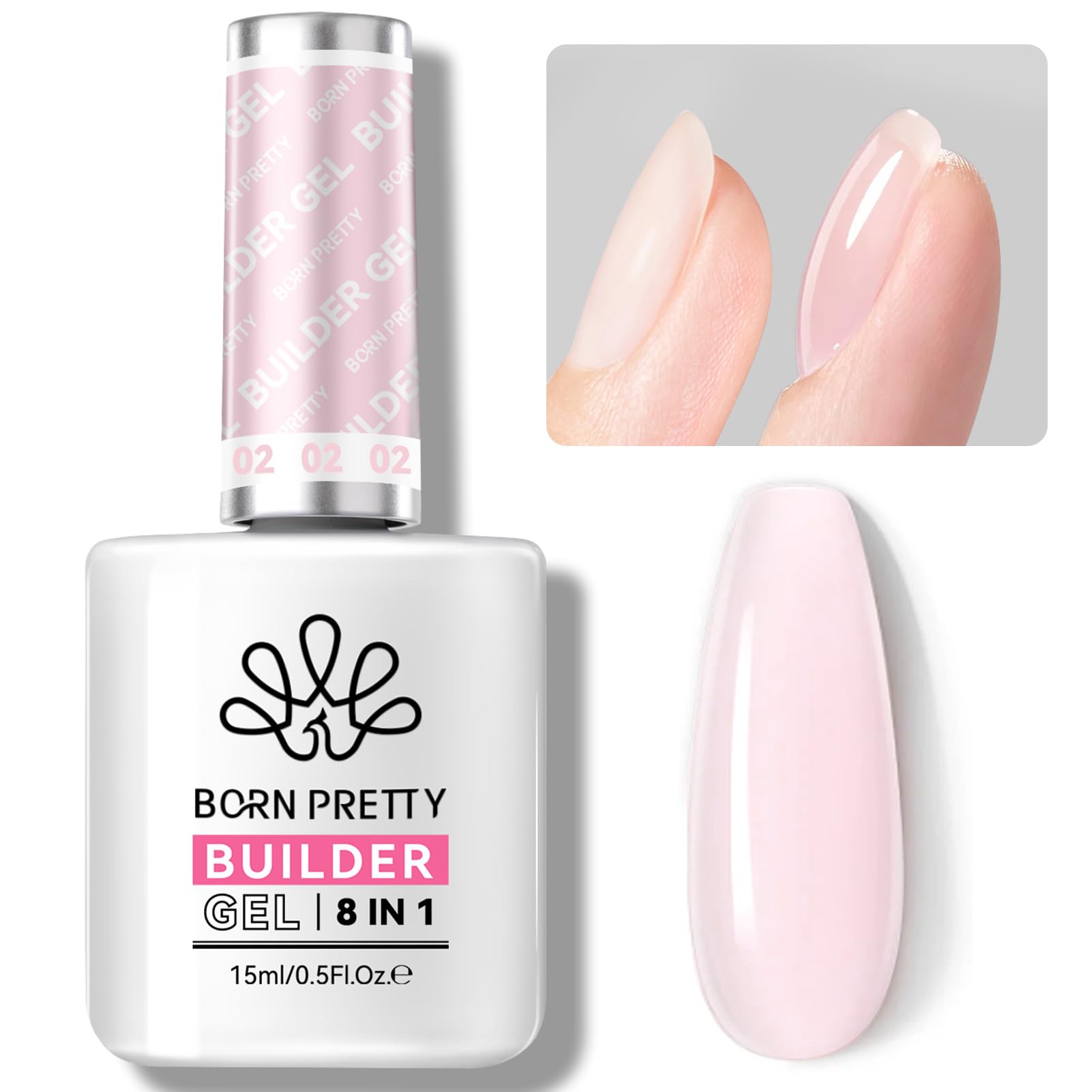 BORN PRETTY Builder Gel for Nails, 8-in-1 Extension Gel Strengthener Gel Hard Builder Nail Gel Base Top Gel, Sheer Pink Gel Builder Rhinestone Nail