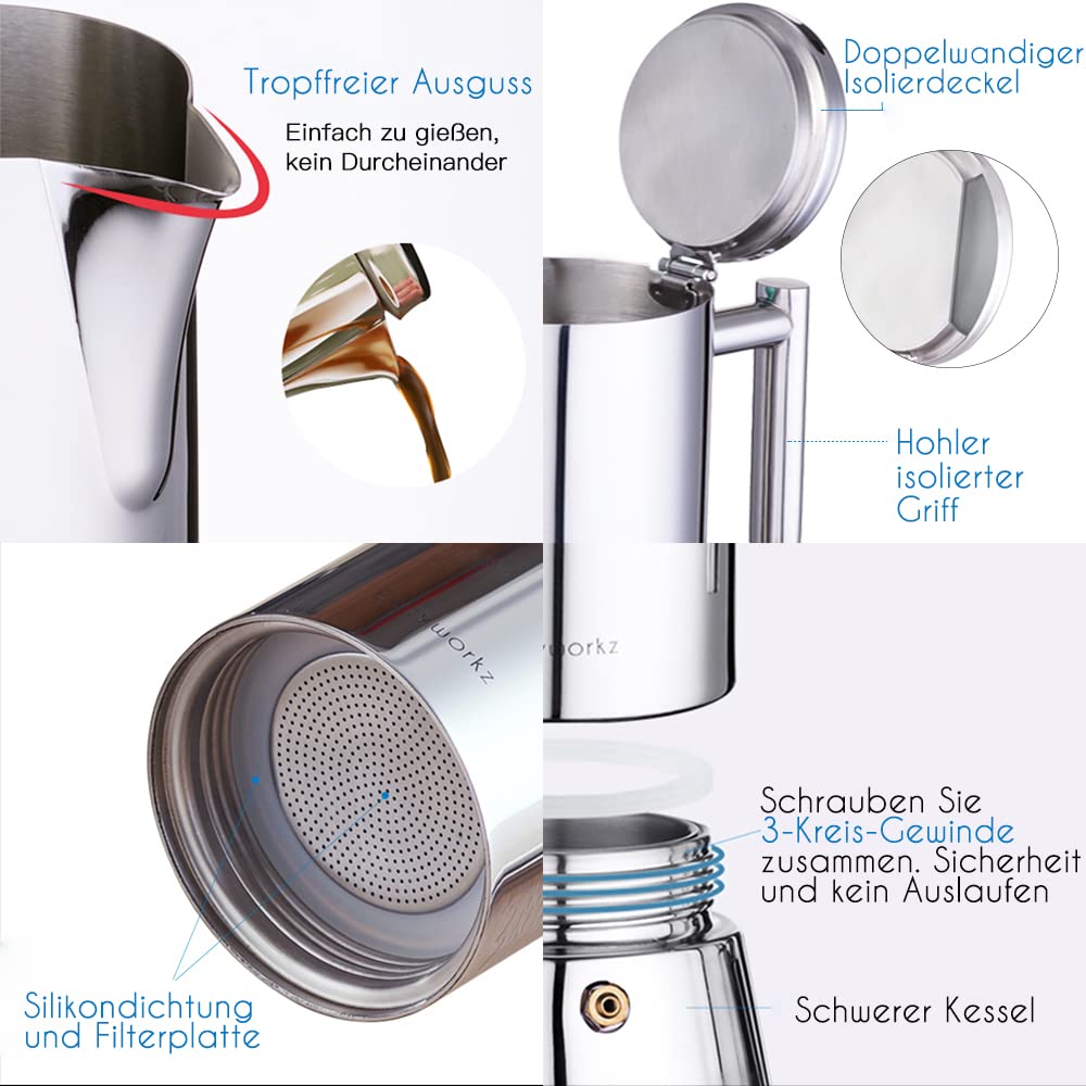 Easyworkz Diego Espressokocher für Herd, Edelstahl, italienische Kaffeemaschine, Mokkakanne für 6Tassen, 300 ml Espressokanne für Induktion