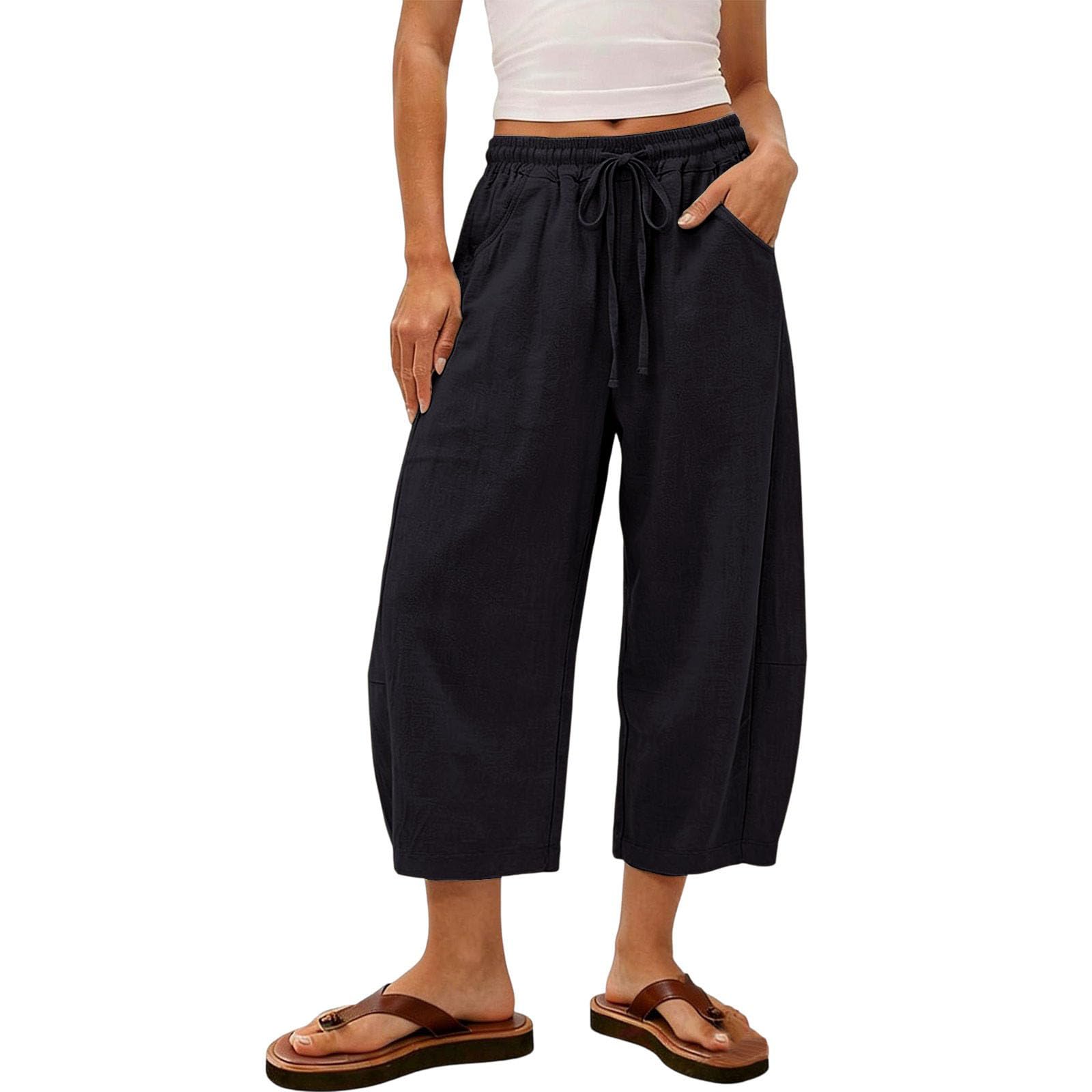 Pantaloni da Donna In Lino Vita Alta Leggeri 2026 Estivi Casual A 3/4 In Mussola Traspiranti A Gamba Larga da Spiaggia Eleganti Lino Pantalonis per Libero con Tasche Pantaloni Gamba Larga S-3XL