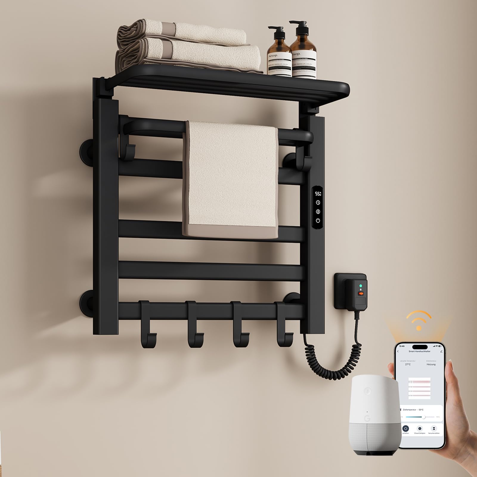 EMKE Radiador elƩctrico de baƱo toallero, 500 x 500 mm, temperatura constante inteligente, toallero elƩctrico, con estante, color negro, 140 W