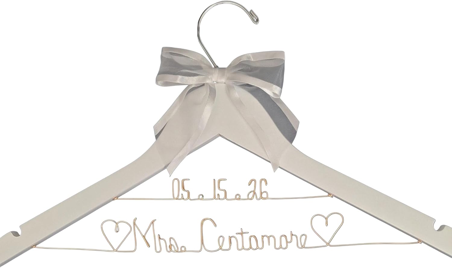 Bride Wedding Dress Hanger Gold Wire Writing, Personalized, Mrs., Choice of 10 Bow Colors - Bride Name - Quality White or Dark Wood Hanger with Notches - Bridal Gift with or Without Wedding Date