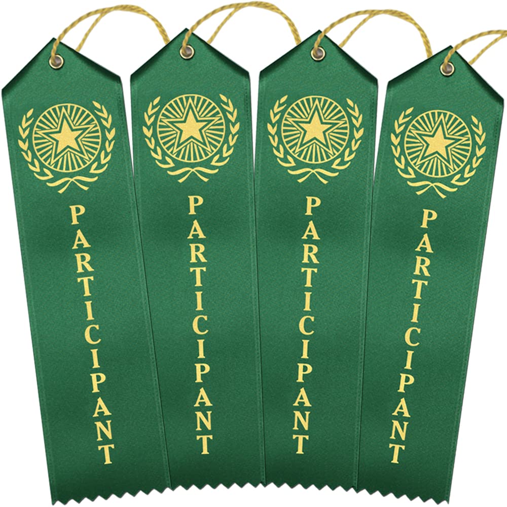RibbonsNow Participant Award Ribbons - 100 Green Ribbons with Card & String