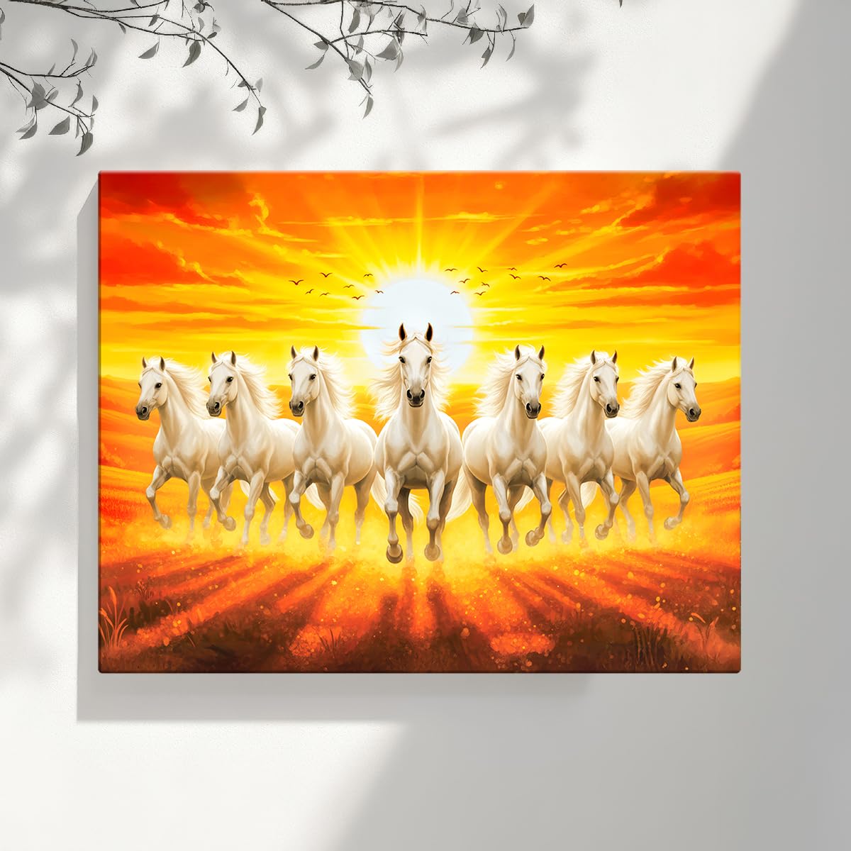ArtX Canvas 7 Horses Painting Vastu Frame Wall Art Painting, White Running Horses With Rising Sun, Wall Decor, Multicolor, Nature, 58.0 X 45.0 cm, Set of 1-image-8