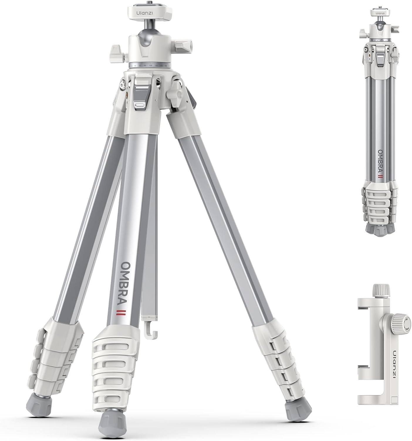 ULANZI Ombra Ⅱ Camera Travel Tripod White, 61.5″ Aluminum Tripod Foldable with UKA Quick Release Plate for Phone Sony Canon, Video Shooting Vlogging Portable Stand w Phone Clamp Holder Carry Bag