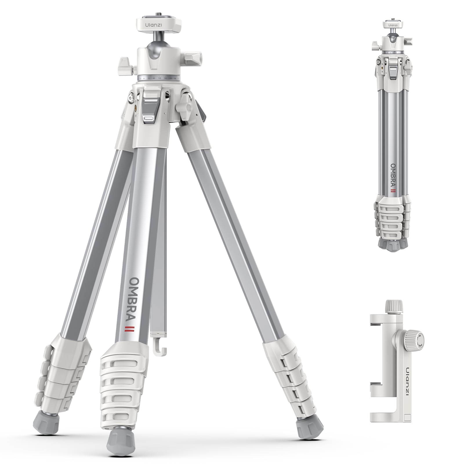 Ombra Ⅱ Camera Travel Tripod White, 61.5" Aluminum Tripod Foldable with UKA Quick Release Plate for Phone Sony Canon, Video Shooting Vlogging Portable Stand w Phone Clamp Holder Carry Bag