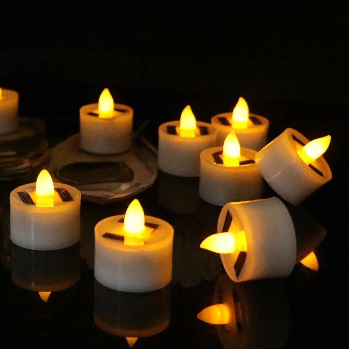 Solar Lights Flameless Candle with Flicker Effect Halloween Decorations Indoor and Outdoor Tea Lights Halloween Decor Reusable Solar Candle Decoration (3 PCS,Warm White Light)