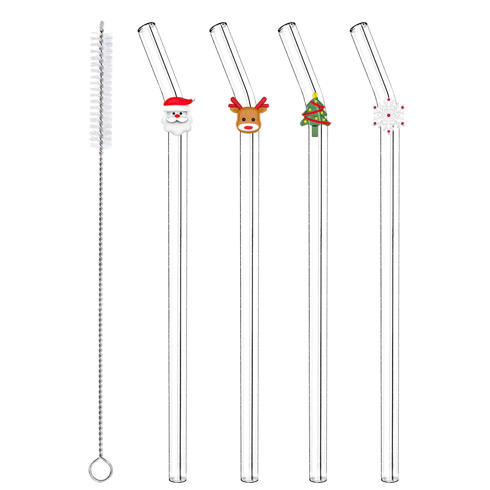 4 Pcs Christmas Cute Glass Straws with Charms, Colorful Clear Reusable Glass Straws Shatter Resistant with Cleaning Brush, Christmas Party Favors