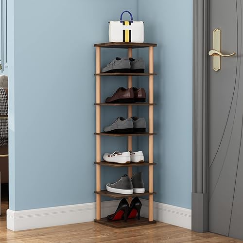 LUCKNOCK 7 Tiers Vertical Shoe Rack, Narrow Shoe Organizer, Stylish Wooden Shoe Storage Stand, Space Saving Shoe Shelf, Shoe Tower, Free Standing Shoe Racks for Entryway, Rustic brown.