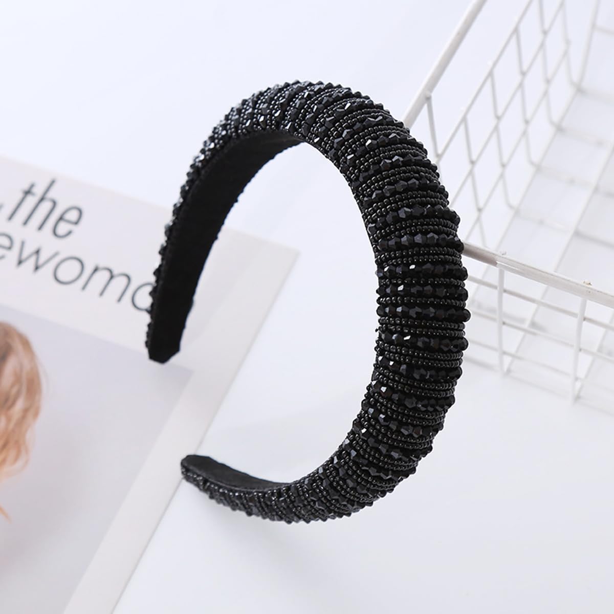 scicent Black Headband Crystal Rhinestone Head Bands Crystal Embellished Padded Wide Headbands for Women 16410 - Image 4