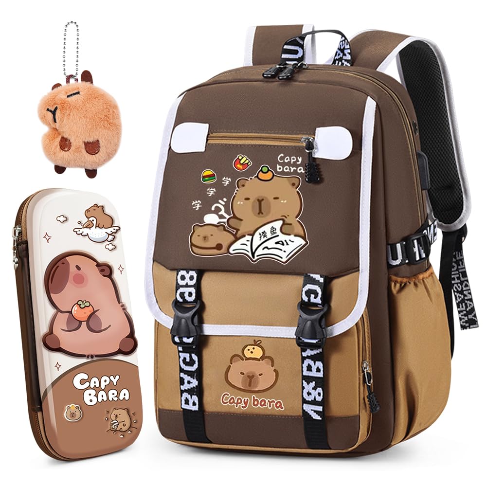 WFKKMEQ Capybara Backpacks, Children's Rucksack with Capybara Pencil Case Keychain Cartoon Schoolbag Lightweight Rucksack Travel Bag Nursery Book Bag Casual Daypack Toddler Backpack for Kids