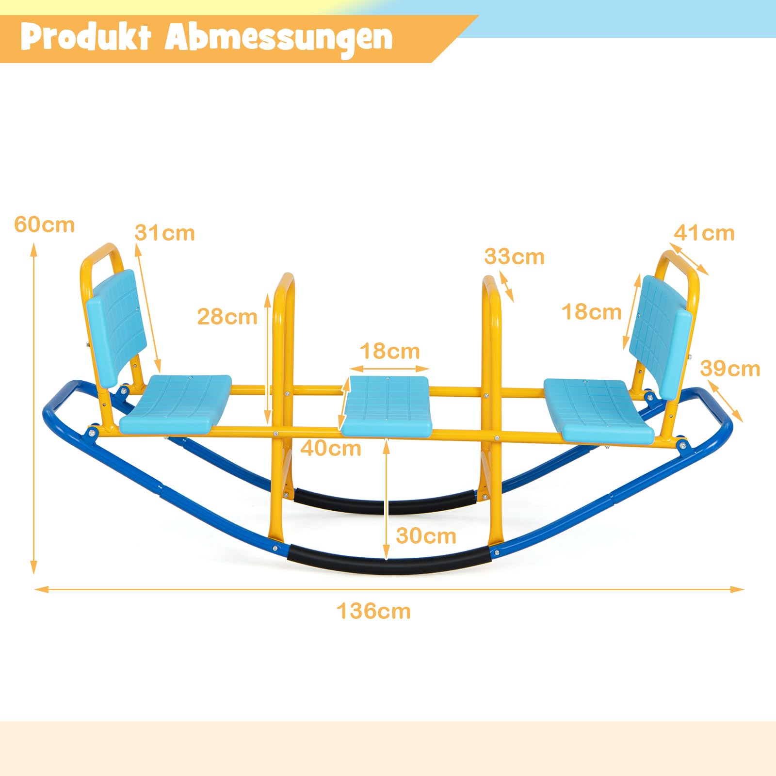 DREAMADE 3 Sitzer Kinder Wippe mit Rückenlehnen und Griffe, Schaukelwippe Metall 136x60x39cm, Karusselwippe Gartenwippe für Indoor und Outdoor, für Kinder 3-8 Jahren (Blau)