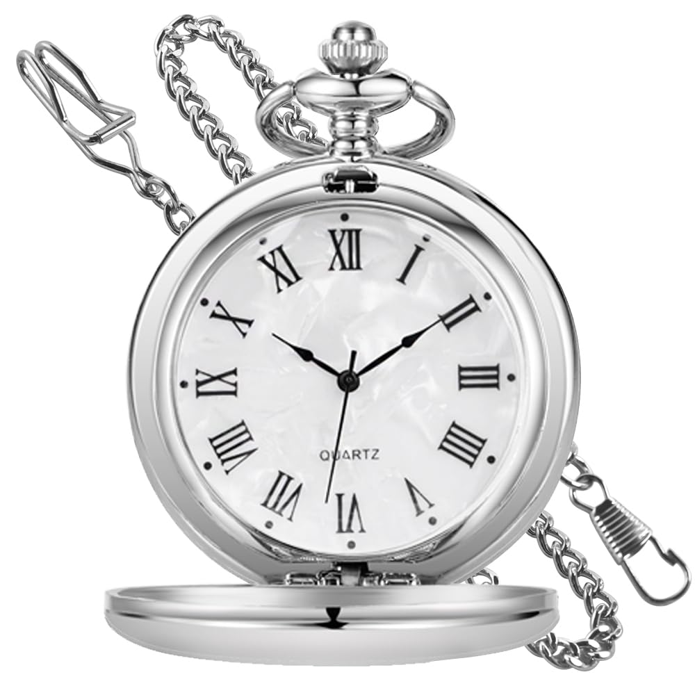 orologio da tasca, Classico acciaio liscio con catena numeri romani uomo donna orologi da tasca ciondolo regalo di compleanno for la festa del papà