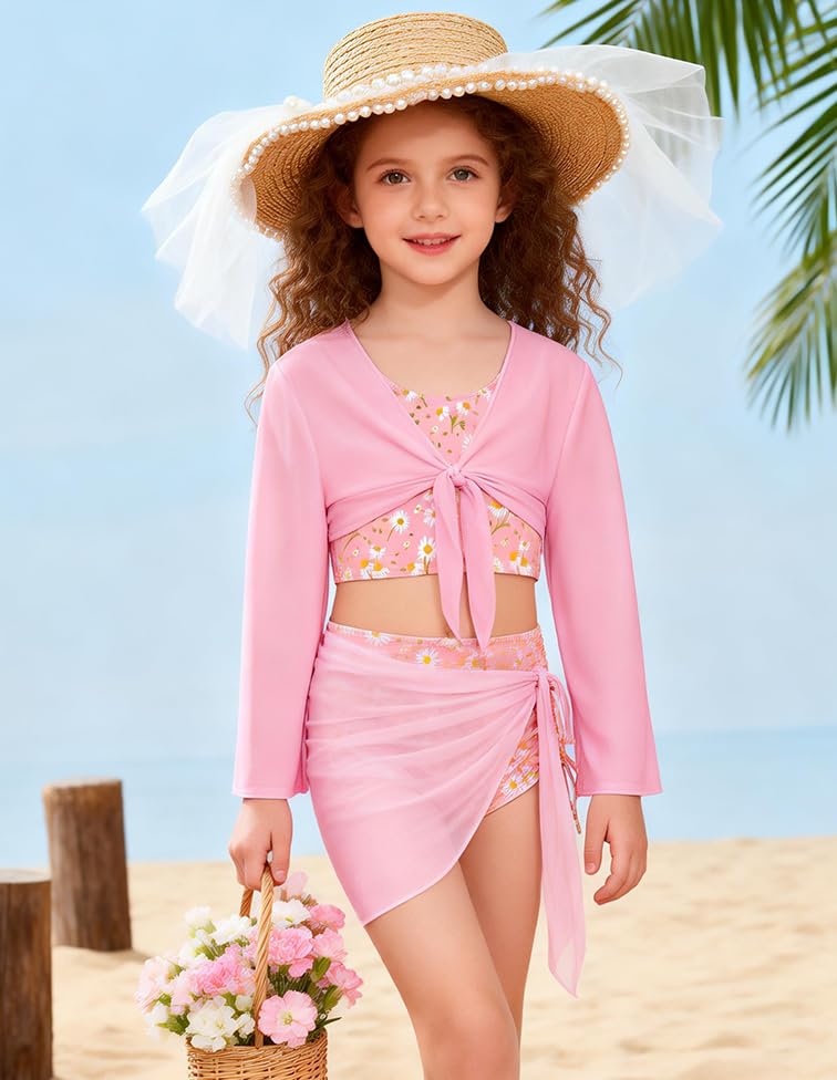 Image of GRACE KARIN Girls Bathing Suit Adjustable Taniki Swimsuit Tie Front 4 Piece Bikini Set with Kimono Cover Up 6-14