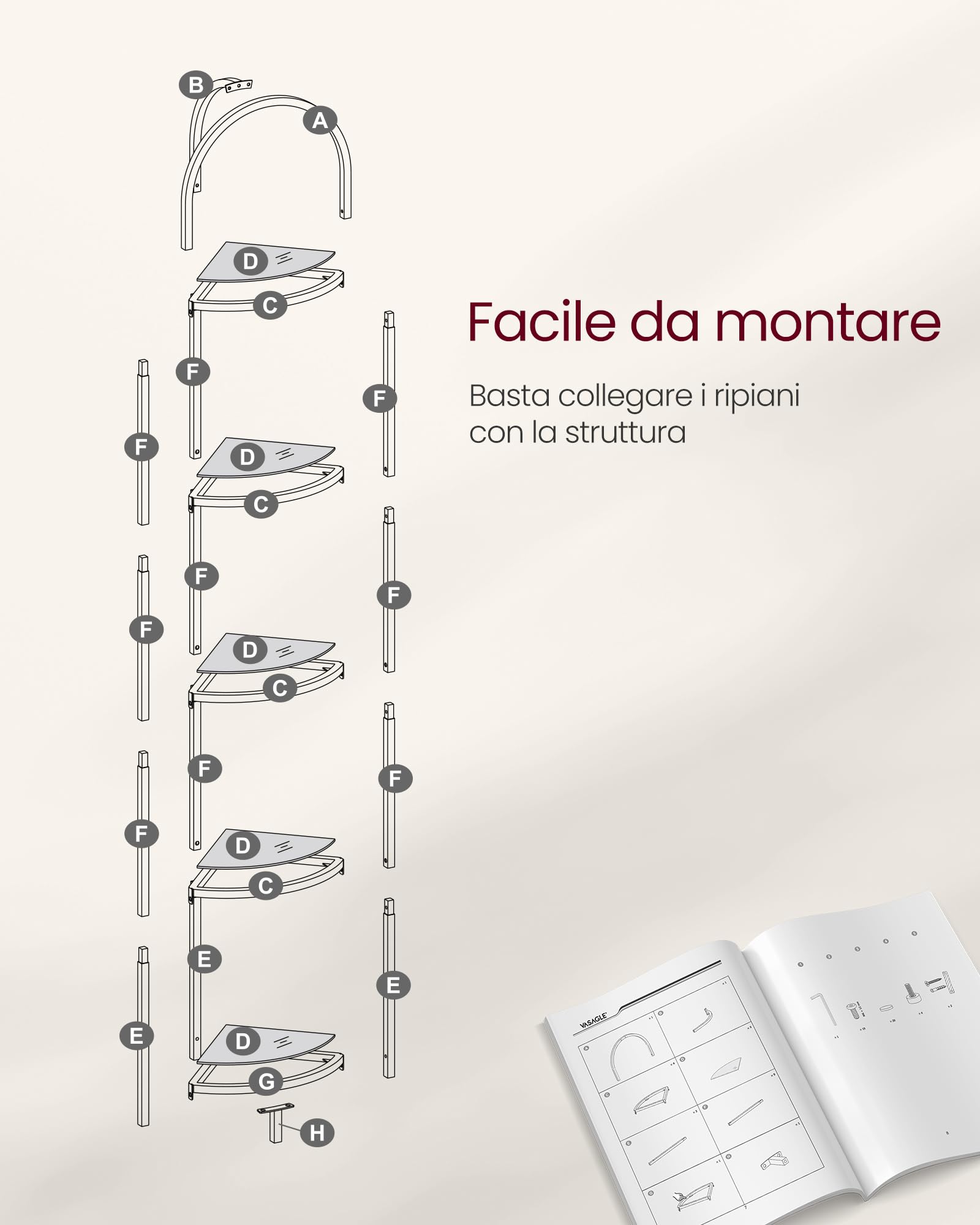 VASAGLE Libreria Angolare a 5 Livelli, Scaffale Porta Piante, Scaffale Dorato per Bagno, in Vetro Temperato, Struttura in Acciaio, Stile Moderno, per Soggiorno, Cucina, Oro Metallizzato LGT810A01