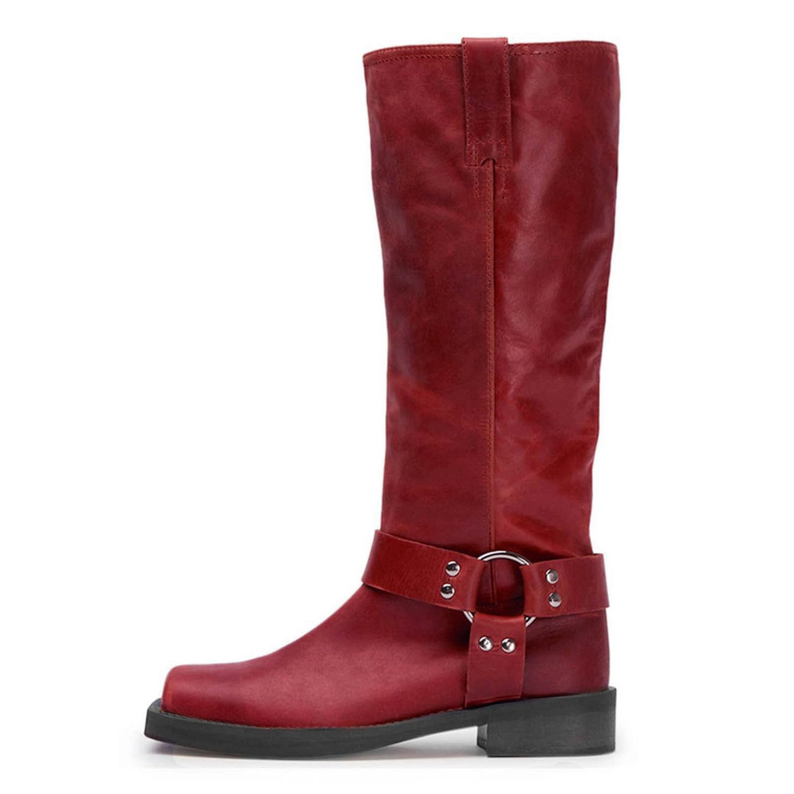 Womens Knee High Riding Boots Leather Studds Biker Boot Square Toe Block Chunky Heel Slip on Tall Motorcycle