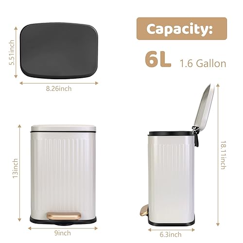 Miniatura 3 de Cubo de basura rectangular pequeño con tapa de cierre suave, cubo de basura de acero inoxidable de 6 litros1.6 galones con cubo interior extraíble,