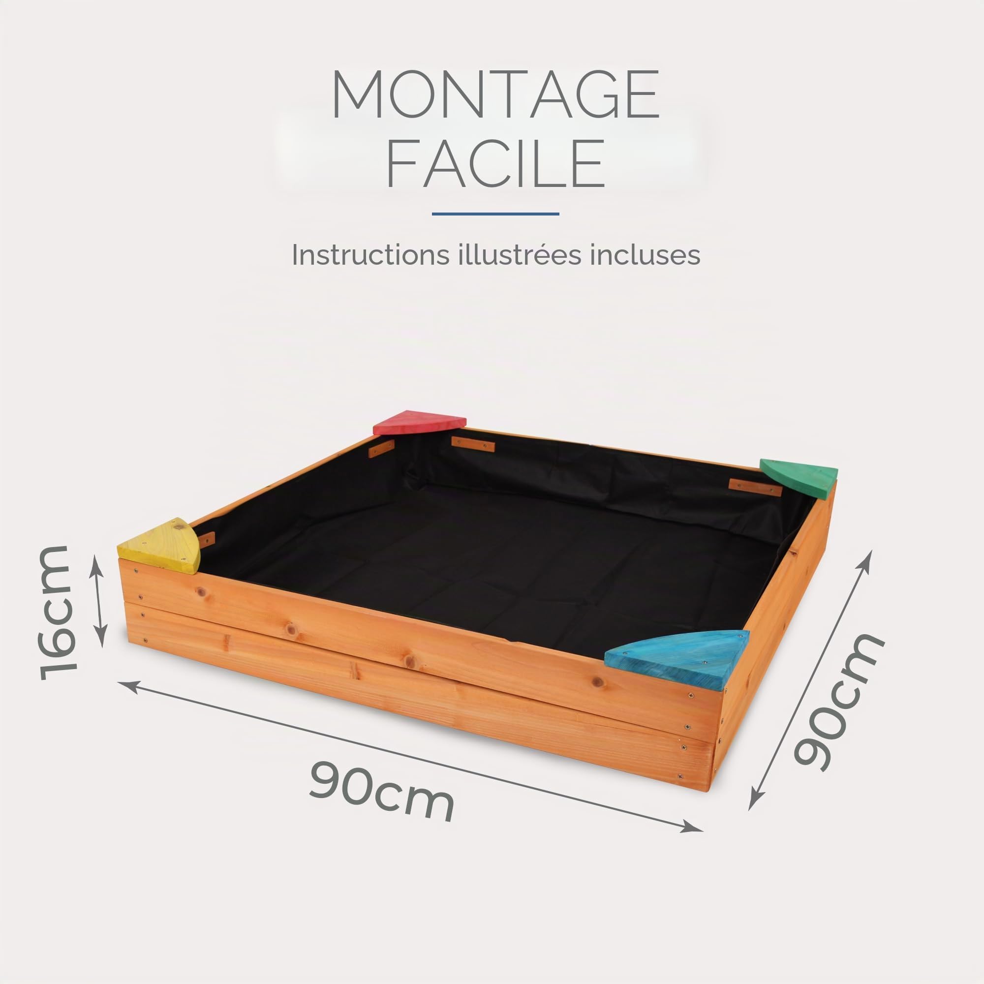 Bestlivings Bac à sable en bois avec couvercle 90 x 90 x 16 cm - Avec tapis de sol contre les mauvaises herbes et les insectes - Bac à sable avec coins colorés pour le jardin