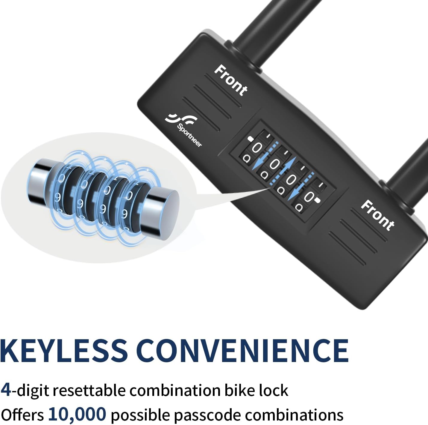 Sportneer Bike Lock: 14mm Keyless Combination U Lock with 5ft Security Steel Cable - Heavy Duty Anti Theft Shackle Bicycle U-Locks with Mounting Bracket for Bike Scooter Door, Size 9.05''x4.9''