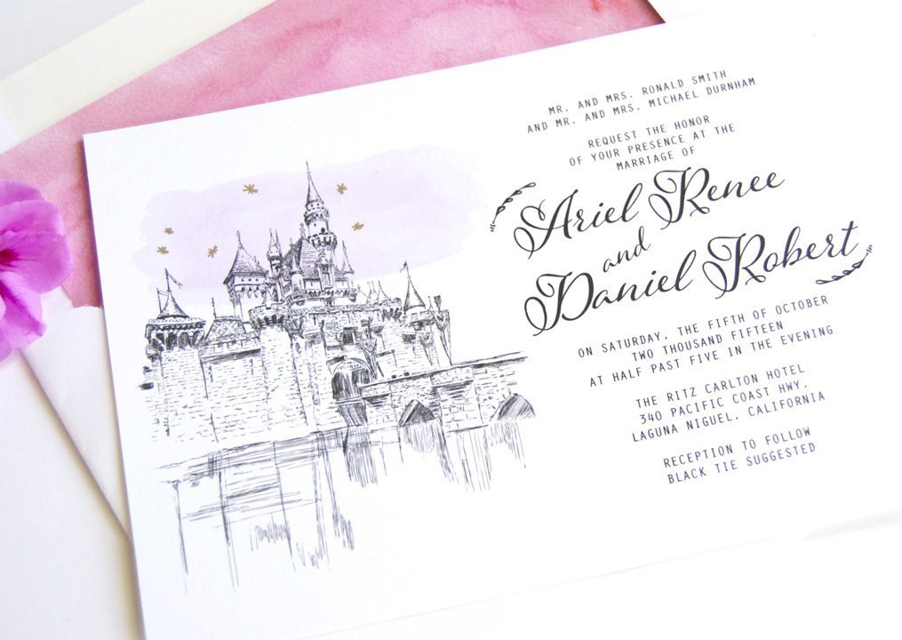 Fairytale Wedding, Disneyland Castle Inspired Invitations Package (Sold in sets of 10 Invitations, RSVP Cards and Envelopes)