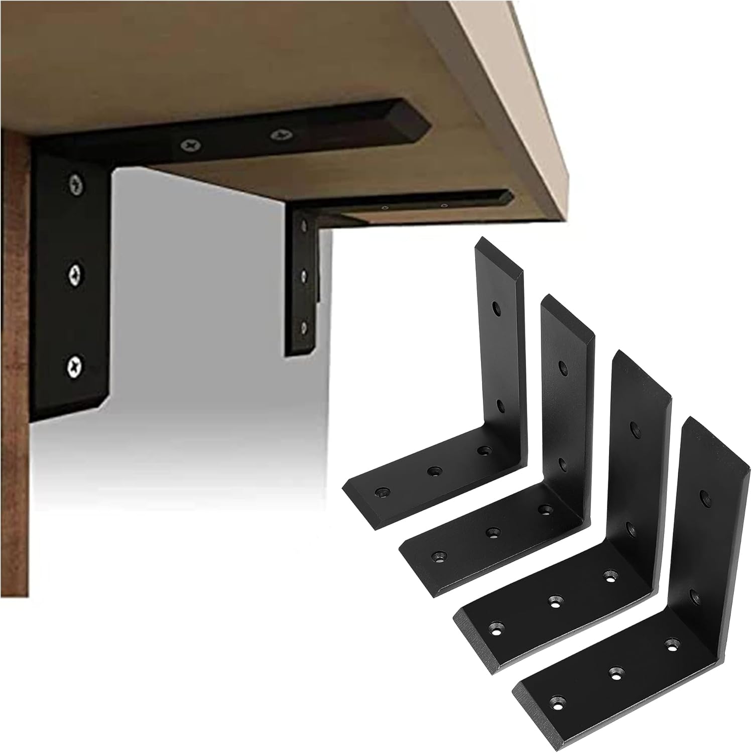 JMTAAT 6 x 8 Countertop Support Brackets, Heavy Duty Steel L Shelf Holder Hanger Bracket Steel Black 500 LBS Capacity (4Pcs)