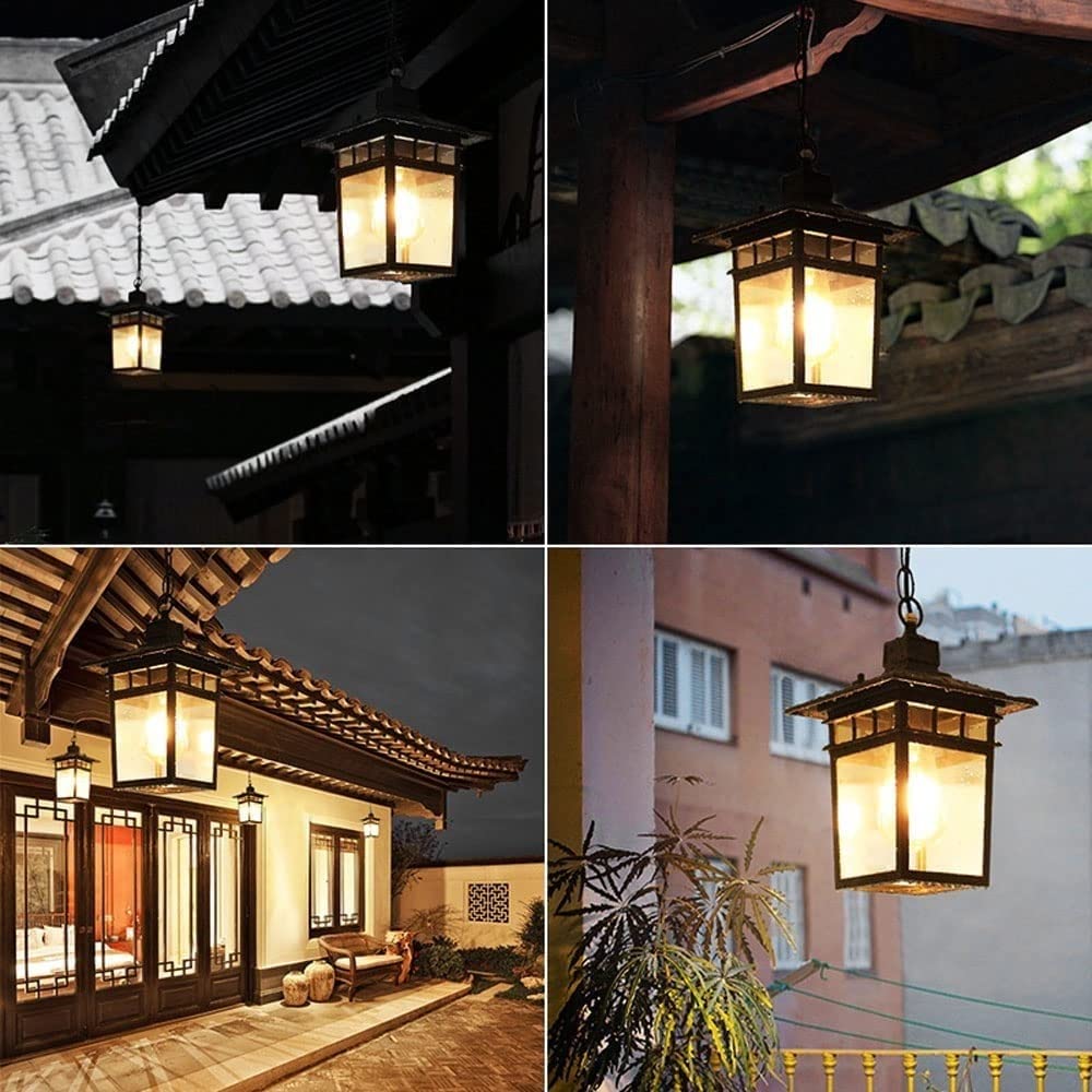Lámpara colgante Moderna de Exterior Estilo granja con pantalla de Cristal ondulado y Cadena Ajustable, Marco de aluminio antioxidante, para iluminación Exterior (oscura, 18,5 cm)