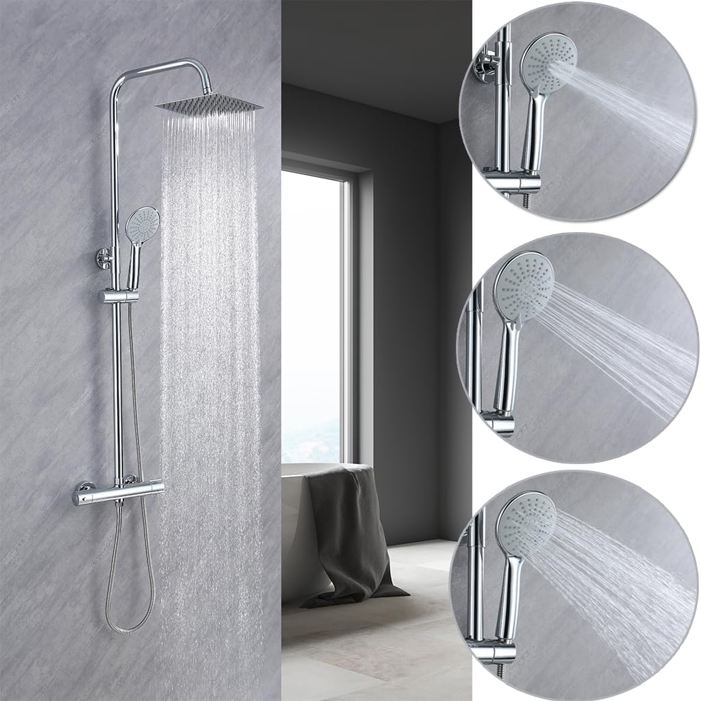 AICA ITALY Colonna Doccia con Miscelatore Termostatico, Saliscendi Doccia Regolabile 80-116cm, Soffione Doccia Anticalcare 20X20cm Acciaio Inox con Cromatura, Argento