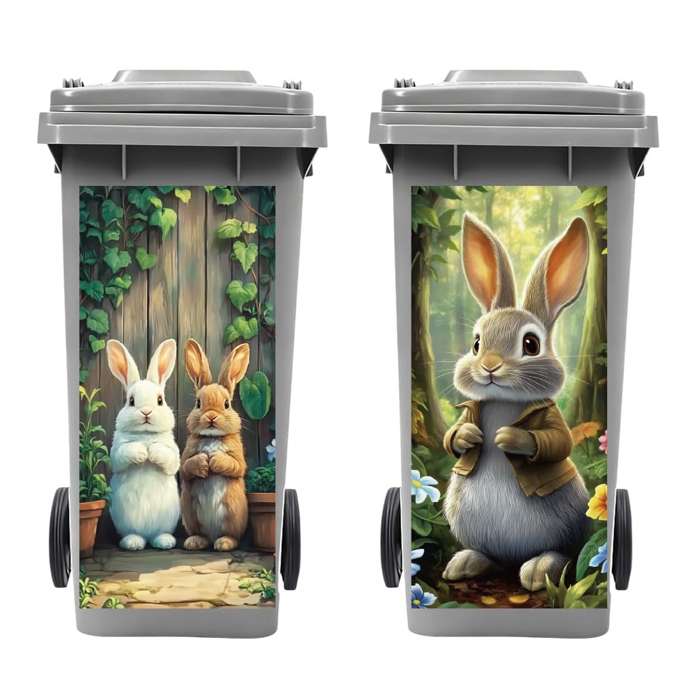 peacoblue Wheelie Bin Stickers 2 Sheets Rabbit Sticky Dustbin Stickers Decals, 15"x 32" Waterproof Large Wraps for Bins, Fridge, Wall Outdoor Indoor Patio Decor, Home Decoration